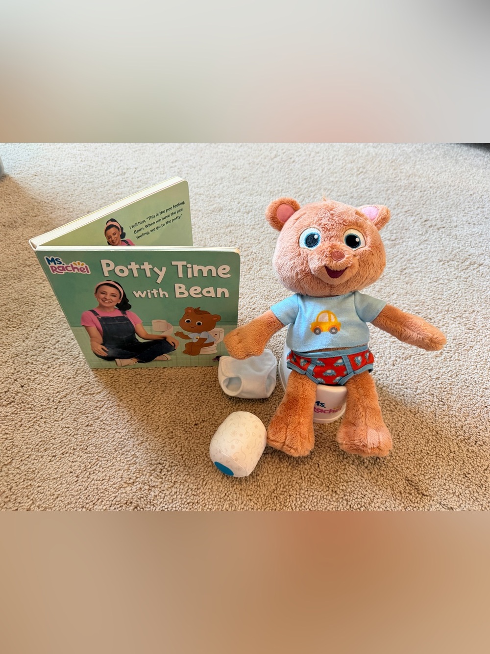 Ms. Rachel Potty Training Plush Bear in Tan and Blue